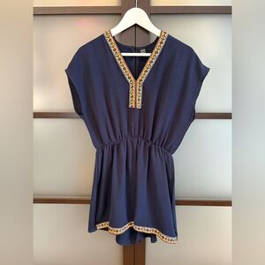 Navy Romper with Embroidered Trim